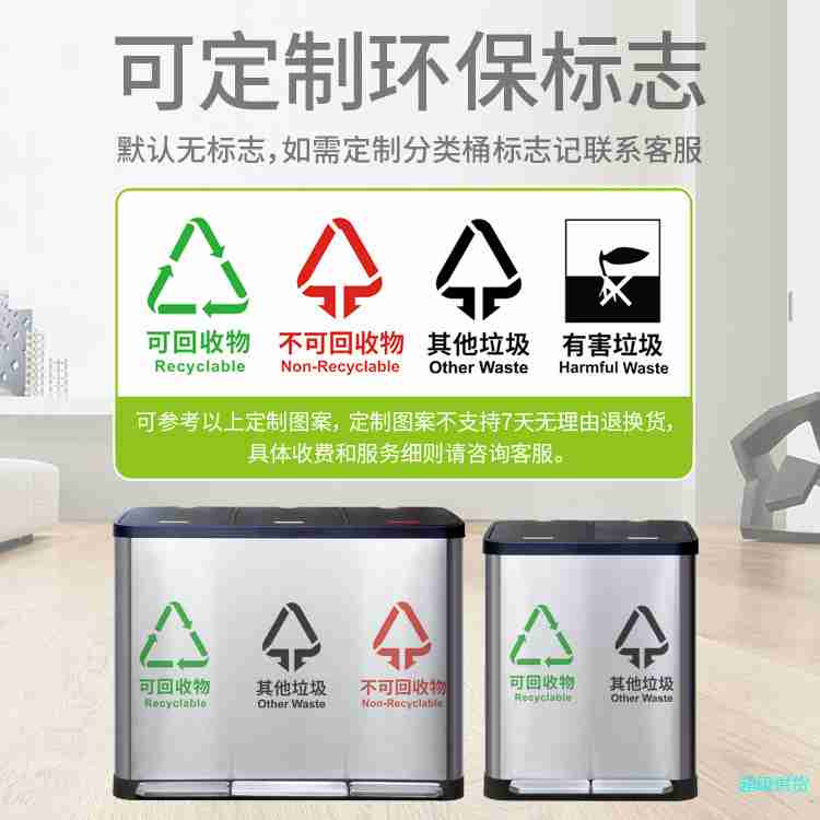环保分类垃圾桶家用不锈钢脚踏式带盖三桶户外箱定制标志Logo图2