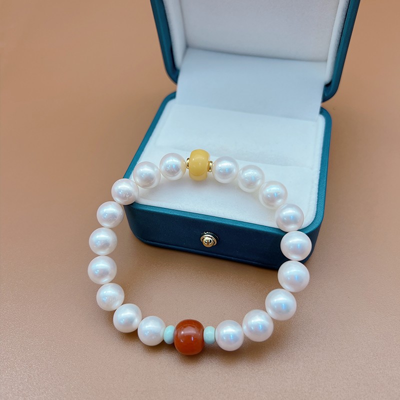 大点位珍珠手链  1条  淡水珍珠	南红玛瑙+天然蜜蜡+绿松石	9—10mm图3